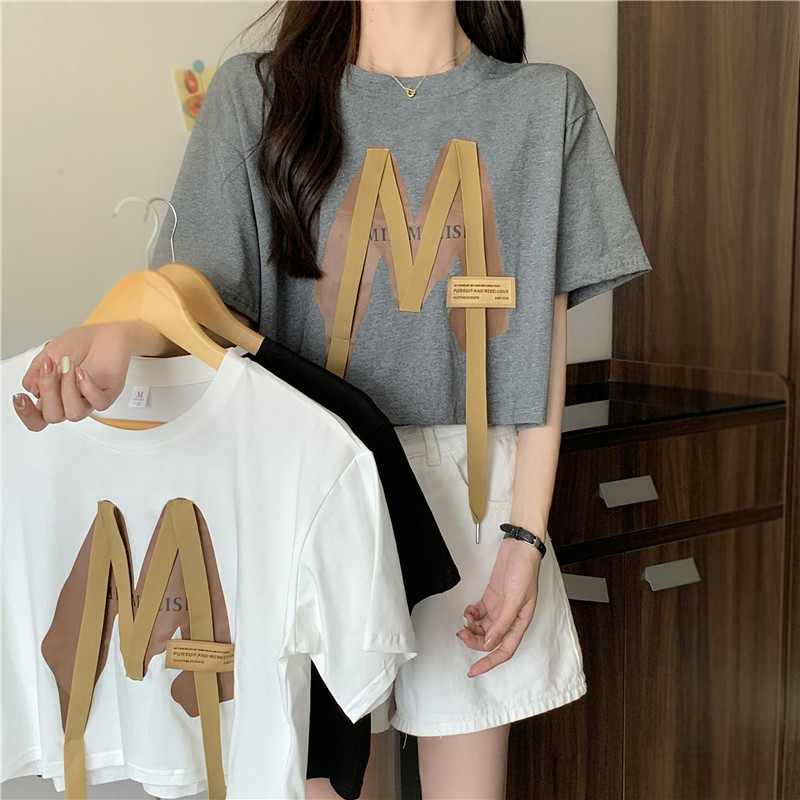 實拍純棉後包領夏季新款設計感飄帶字母寬鬆圓領短款短袖T恤女