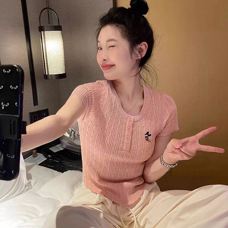 2025 spring new style design niche hollow knitted base shirt for women slim and versatile long-sleeved top