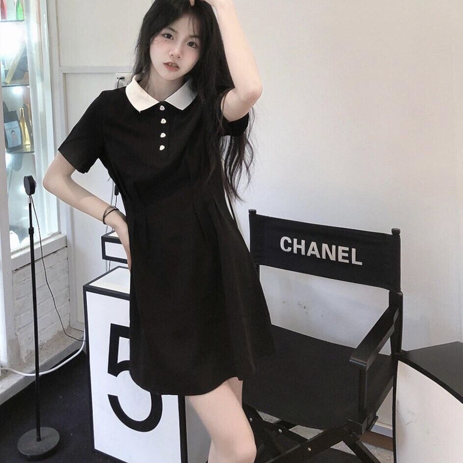 夏季polo連衣裙小個子甜美學院風撞色翻領T恤裙收腰顯瘦黑色裙子