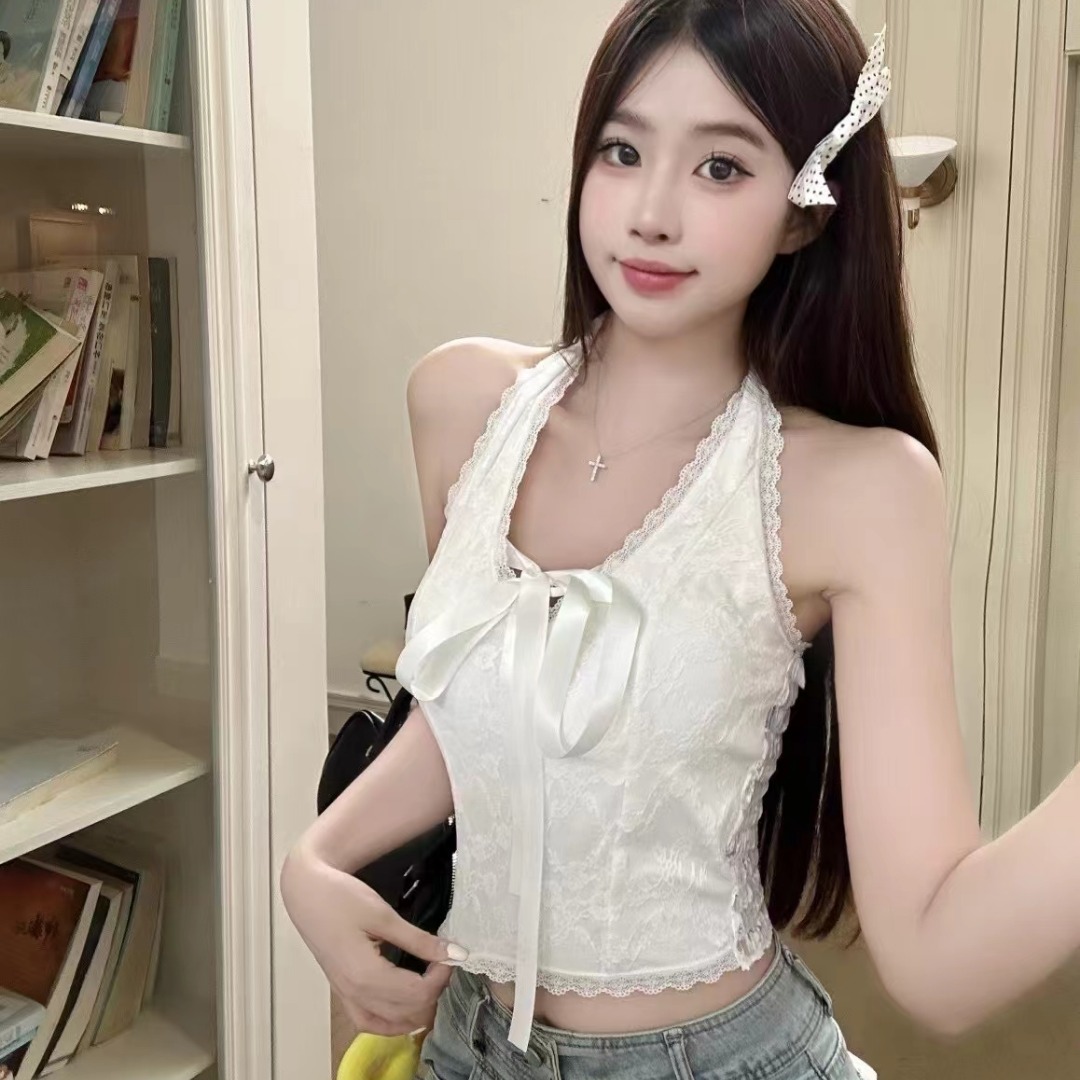 ~Sexy lace halter neck hanger vest spring and summer bow with chest pad inner top
