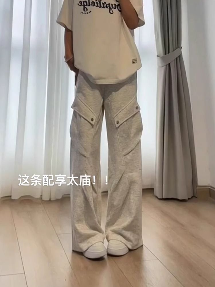 , three-dimensional waist high street gray sports pants for women in spring and autumn 2025 high-end new style for floor-sweeping wide legs