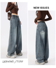 復古藍闊腿褲牛仔褲女春秋2025年新款寬鬆顯瘦直筒褲垂感拖地褲子