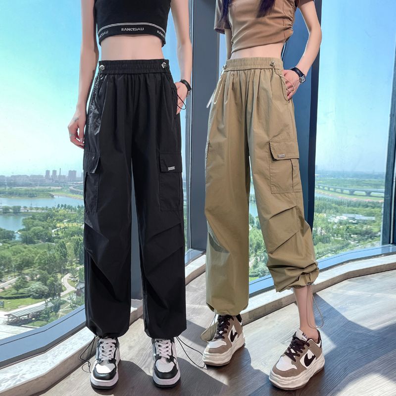2025夏季新款女裝美式速干工裝褲小個子寬鬆束腳闊腿運動褲