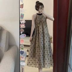 French halter neck polka dot dress for women in summer new style seaside vacation small sleeveless temperament long skirt