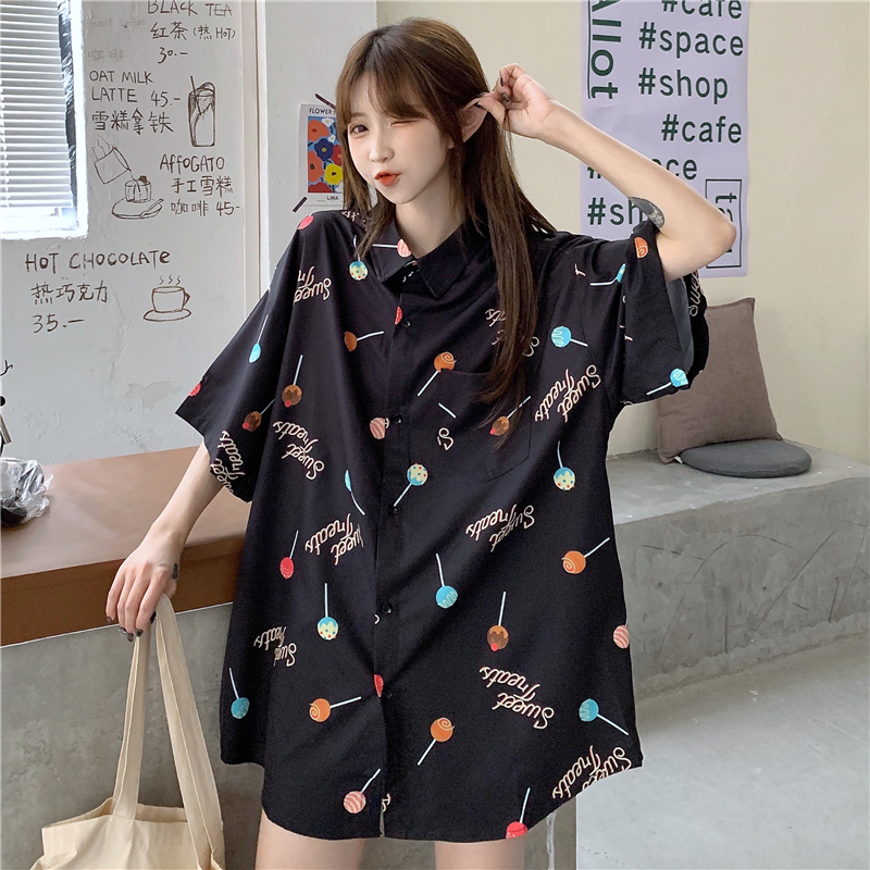 Real shot of 100% polyester fiber shirt for women lollipop printing personality neutral