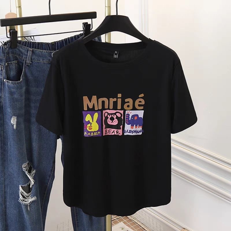 Large size printed short-sleeved T-shirt for women 2025 summer new 300 catties fat mm round neck age-reducing versatile belly covering top