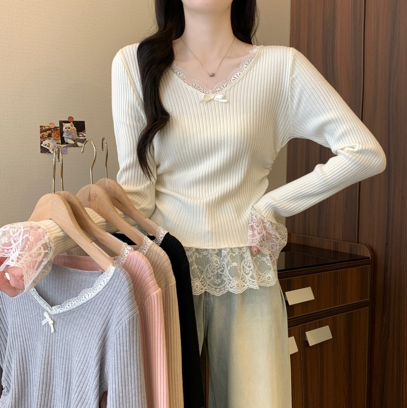 實拍 春秋新款法式氣質溫柔絕美蕾絲拼接V領顯瘦百搭針織上衣
