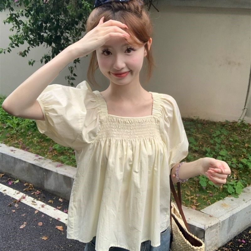 New Korean version simple style student shirt for women short-sleeved summer elastic square collar solid color small doll shirt top