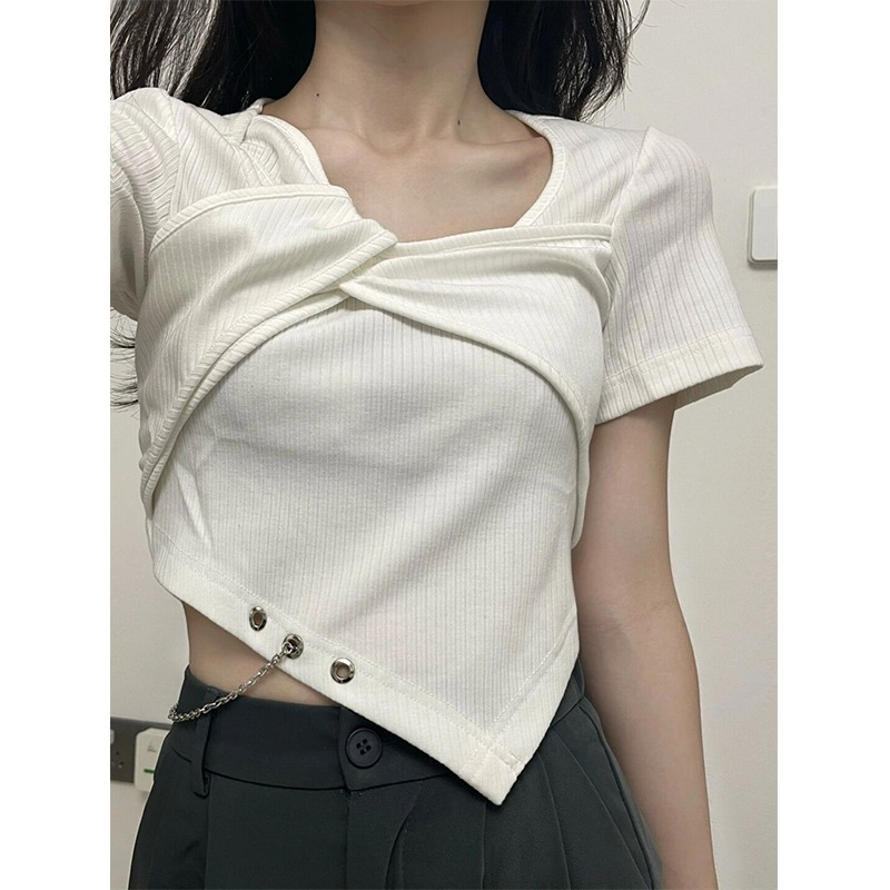 Original fabric + chain quality heavy industry irregular niche design hot girl T-shirt