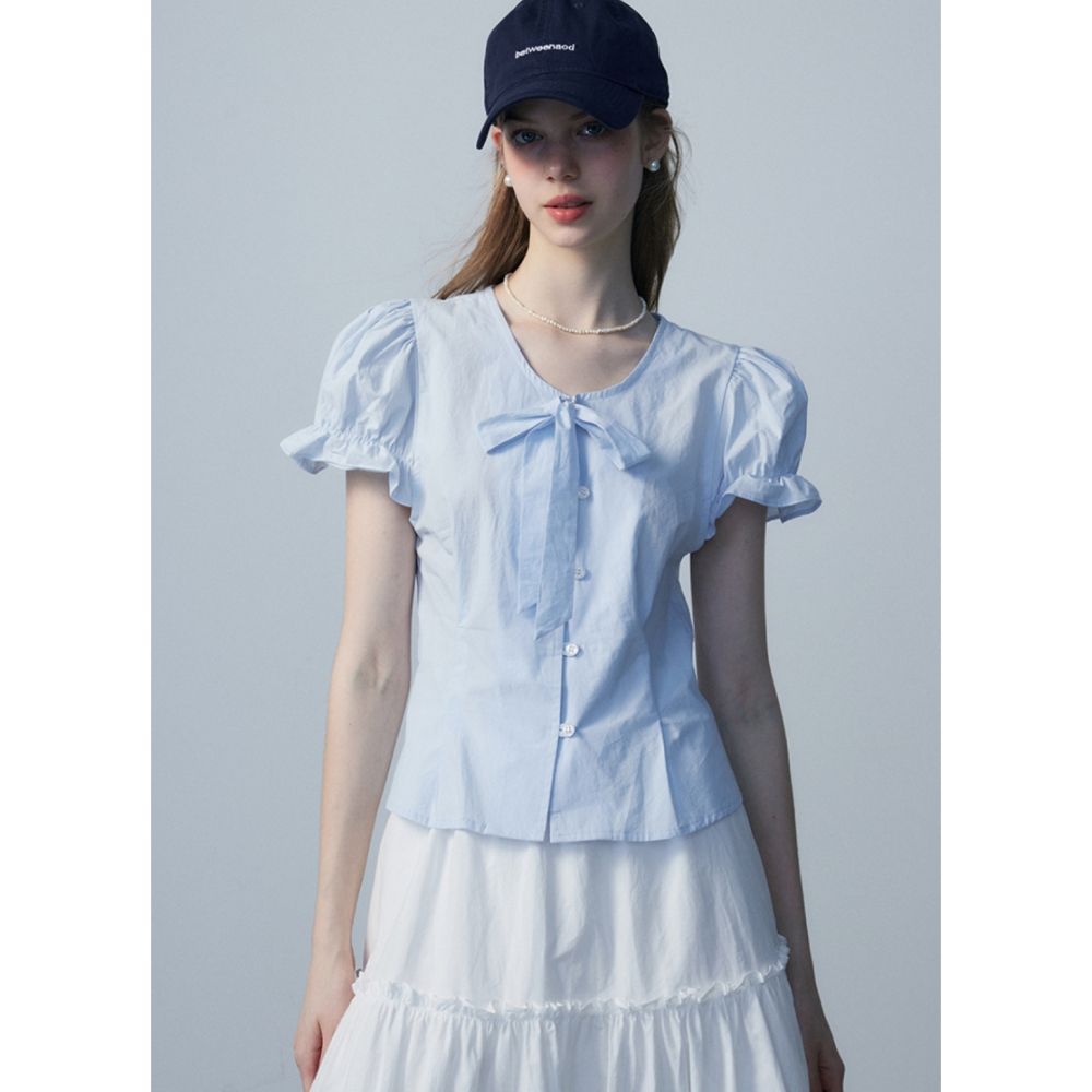 French sweet bow puff sleeve V-neck short-sleeved shirt for women in summer new design niche versatile top