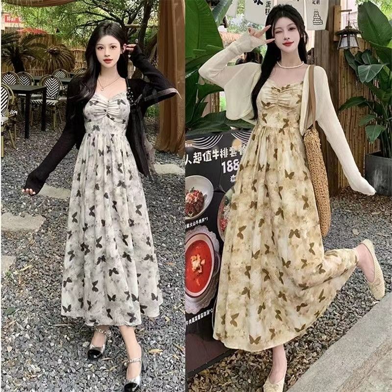 French gentle style dress for women in summer large size fat MM cardigan design printed suspender long skirt two-piece set
