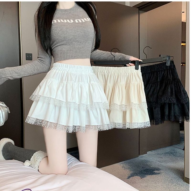 Original recipe for sweet and spicy ruffled fluffy cake short skirt autumn and winter small high-waisted lace skirt