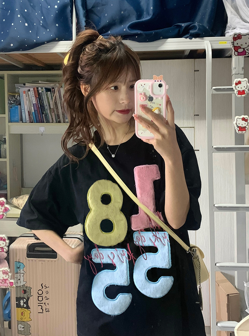 Official picture of pure cotton 210 grams combing tight back bag 240 catties large size embroidered flocking T-shirt for women