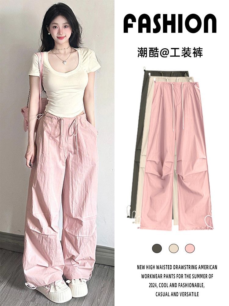 粉色美式工裝褲女2025年夏季新款女褲休閒潮流運動寬鬆速干闊腿褲