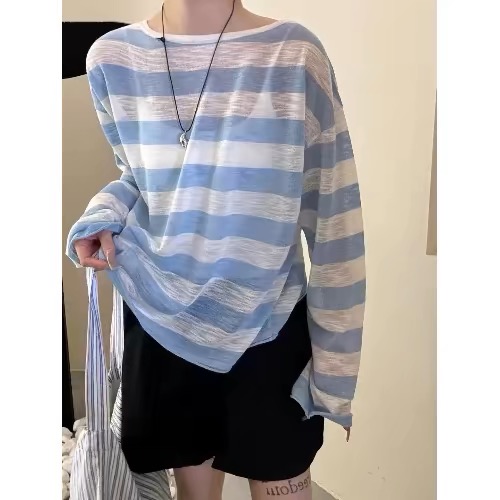 Thirteen-row striped cross-length backless long sleeve thin sweater for women in summer new Korean style loose slim sunscreen shirt