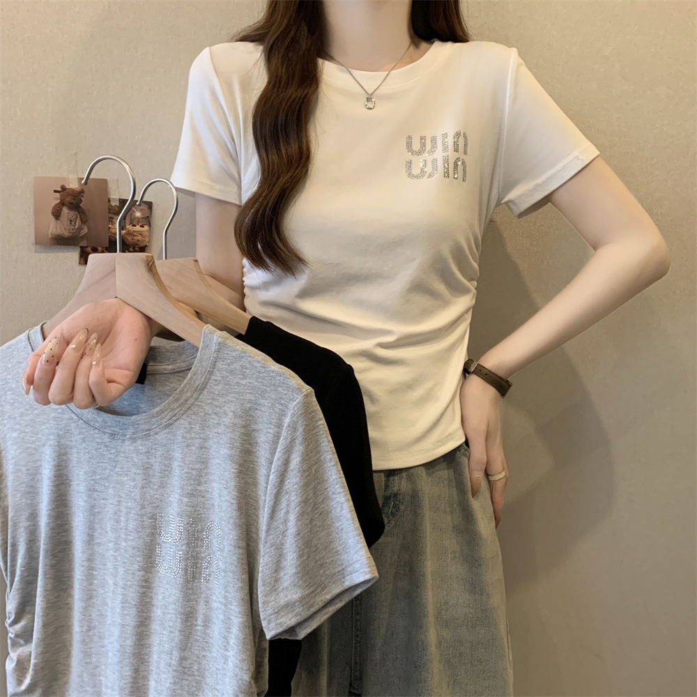 實拍 夏季韓版圓領燙鑽字母打底衫女新款純棉短袖T恤上衣女