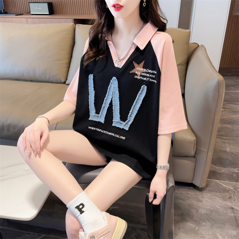 Real photo of imitation cotton waffle summer embroidery color design POLO neck short-sleeved T-shirt for women