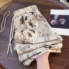 Retro, chic, unique butterfly ink printed wide-leg pants 2025 summer thin loose and slim high waist straight pants