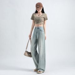 帶鑽高腰闊腿牛仔褲女春夏款2025新款燙鑽設計感寬鬆顯瘦拖地褲女