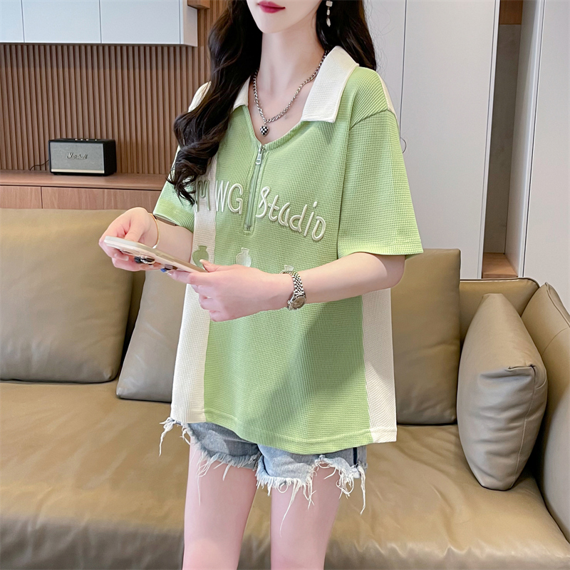 First-time real shot of waffle 100 polyester back bag collar POLO collar short summer new short-sleeved T-shirt for women