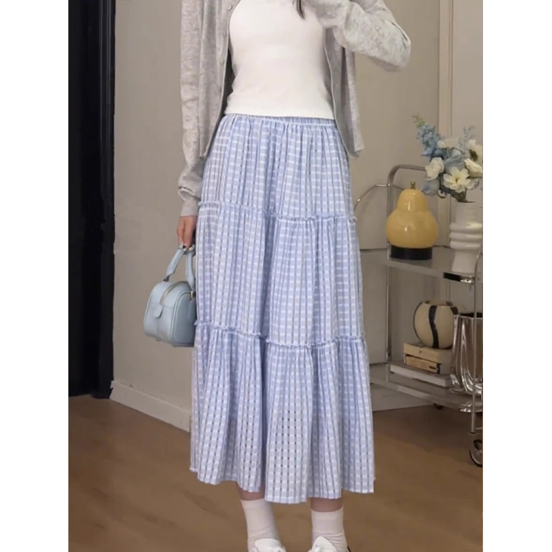 2025 small fresh plaid lace spliced ​​sequin skirt for women with high waist slim and loose midi skirt