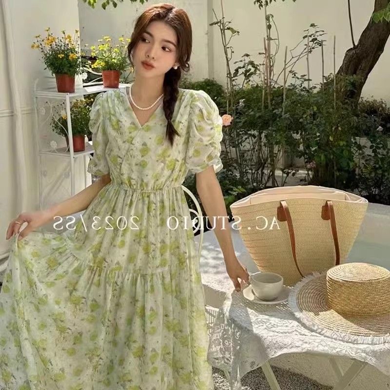 French tea break long skirt summer fashionable gentle style bubble short sleeve V-neck waist A-line pink floral fairy dress