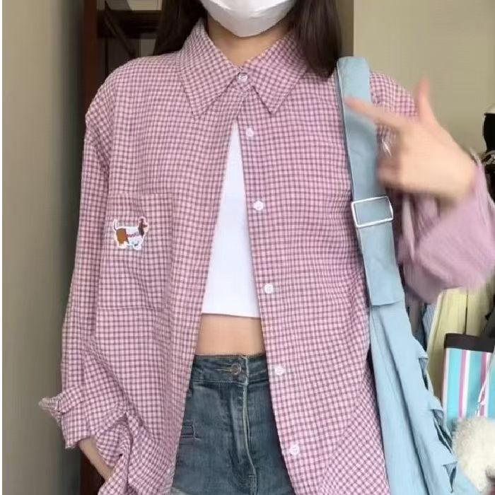 臘腸小狗刺繡格子襯衫女2025春秋時尚寬鬆百搭小眾上衣外套