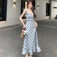 New commuter square collar high waist slim long-wearing dress summer sleeveless plaid suspender skirt