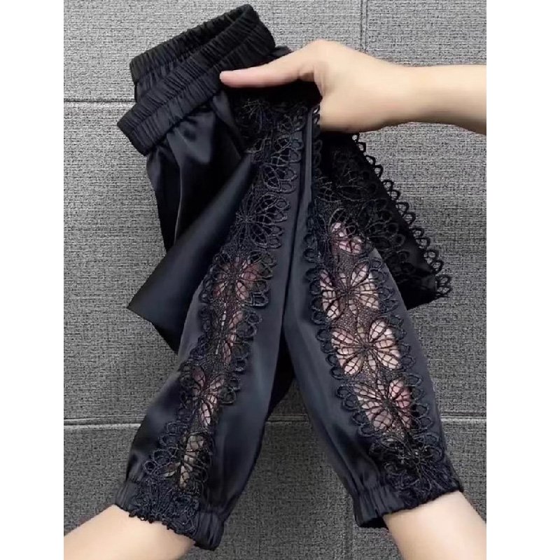 Touch pants for women's cropped pants summer lace hollow cool pants loose ties casual pants