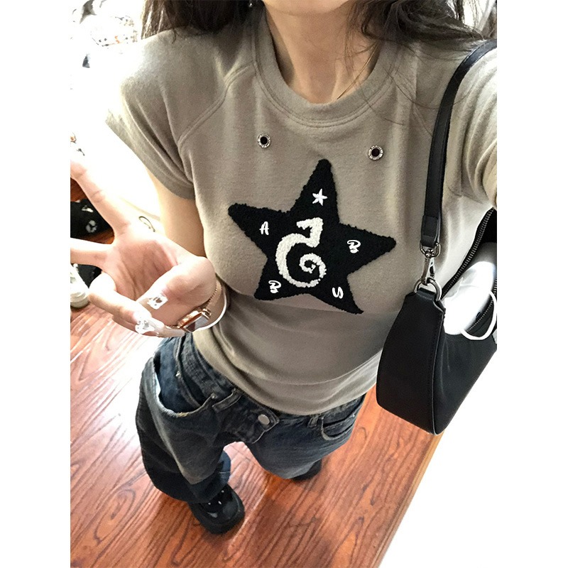 Towel embroidery 40 92 cotton 8 spandex quality chic hot girl star shoulder T-shirt for women