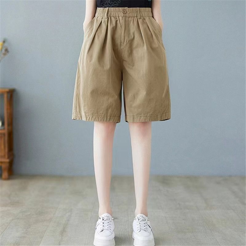2025 summer pure cotton shorts for women wearing high waist covering their thighs to make them look slim and loose five-point casual wide-leg pants