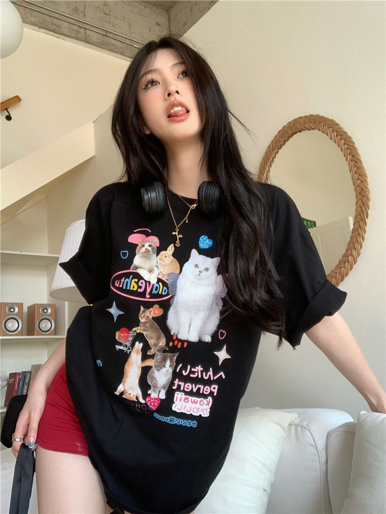 原版足碼外貿韓版新款夏季短袖T恤女韓版寬鬆慵懶原宿上衣chic港