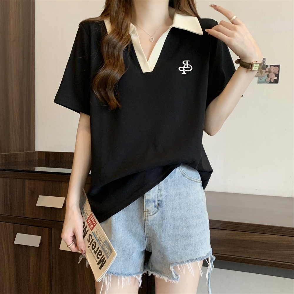 實拍 夏季韓版百搭拼色翻領繡花打底衫女新款polo領短袖T恤女