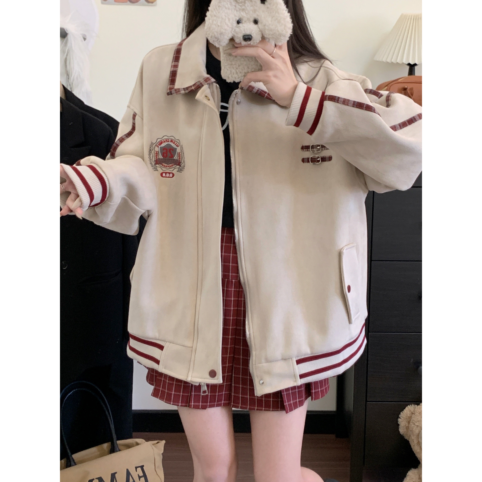 實拍美式復古刺繡格子撞色夾克女春季新款少女學院風翻領撞色外套