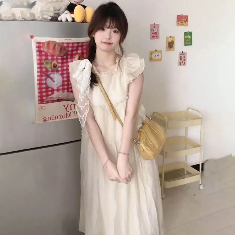 可愛甜美少女飛飛袖拼接連衣裙女學生夏季寬鬆顯瘦超仙a字裙子潮