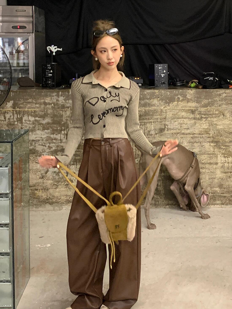 ，立體腰頭#春秋冬2025早春新款西裝褲直筒闊腿褲黑色PU皮褲
