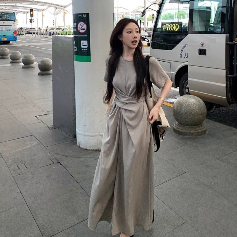 Niche design cross-stretch short-sleeved dress for summer women's temperament high-end waist-hugging and slimming A-line long skirt