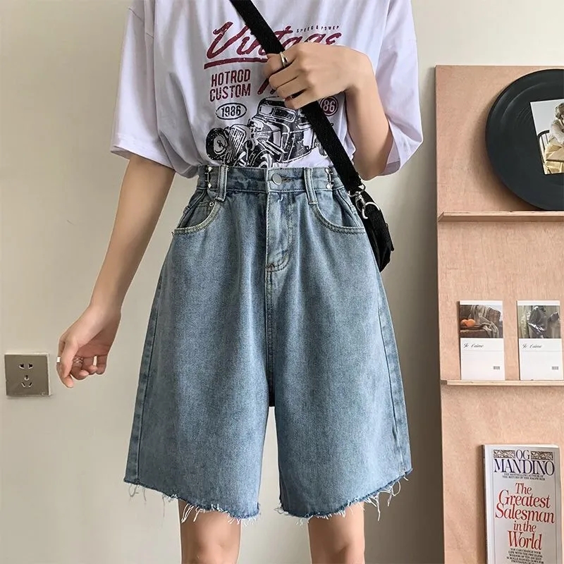 2025夏季韓版高腰a字牛仔短褲女中褲大碼胖MM寬鬆直筒闊腿五分褲