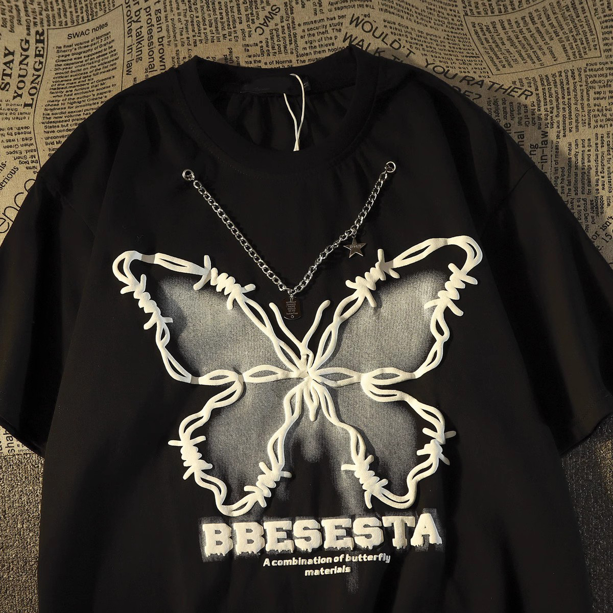 Foam printed pure cotton 210g combed tight back bag 240 catties butterfly necklace T-shirt for women