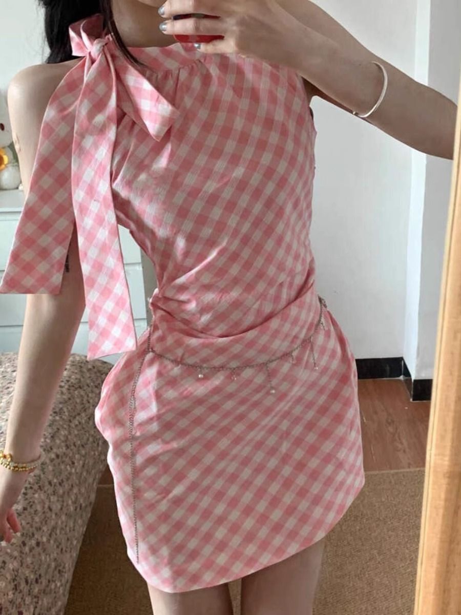 Pink checked bow halter neck dress for women in summer new irregular slim fit and sexy hip-covered skirt