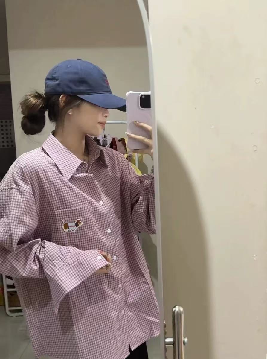 臘腸狗刺繡格子襯衫女2025春秋新款情侶寬鬆百搭小眾疊穿上衣外套