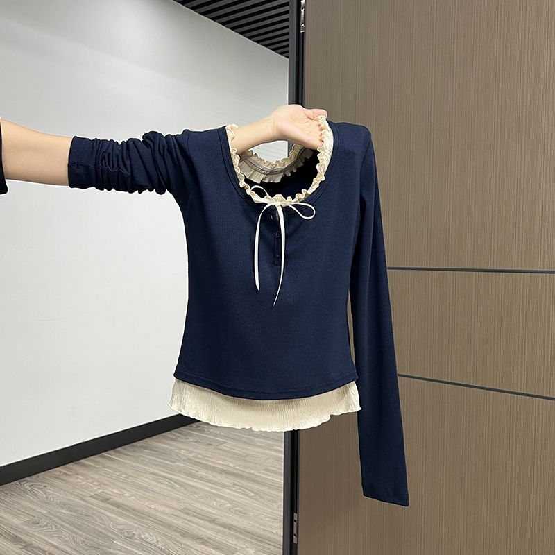 螺紋 純欲蕾絲內搭打底衫女秋冬芭蕾風修身顯瘦上衣