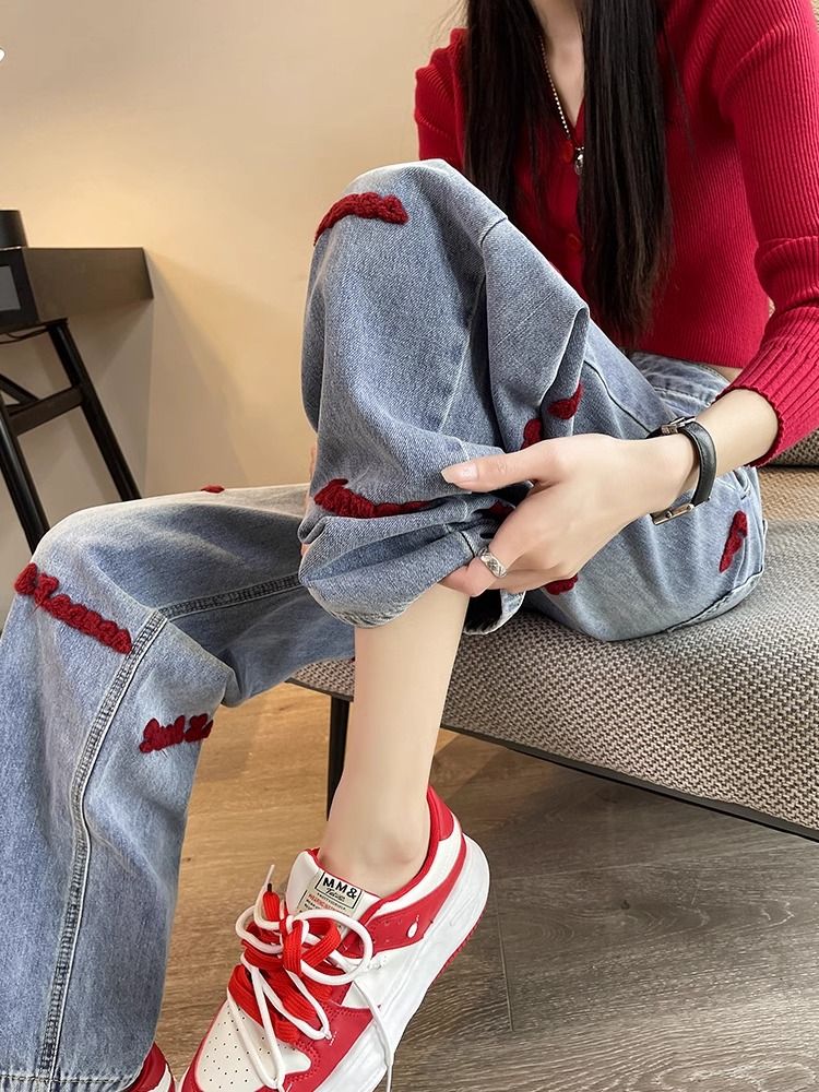 高腰闊腿牛仔褲女2025年新款春秋季顯瘦紅色刺繡淺色小個子直筒褲