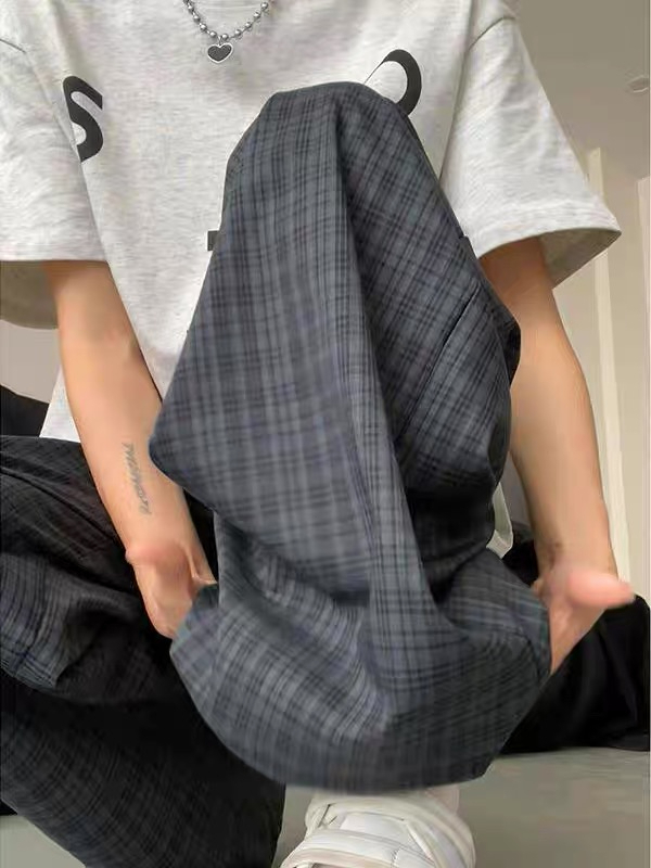 原版韓國外貿韓版復古格子褲子女新款高腰垂感休閒遛彎闊腿褲