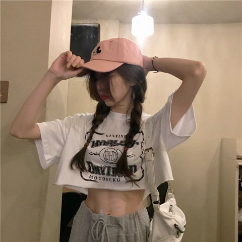 外貿高腰短袖t恤女小眾設計感寬鬆韓版ins潮風短款露臍裝上衣