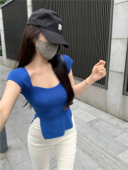 天貓質量短袖針織T恤夏季2025新款薄款透氣辣妹緊身開叉上衣