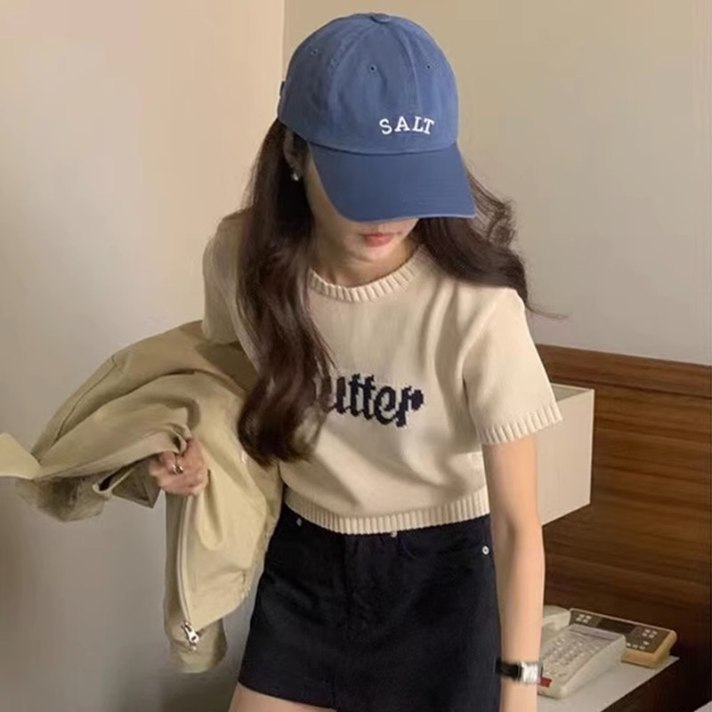 Korean chic summer niche simple round neck embroidered letter design loose casual versatile short-sleeved sweater for women