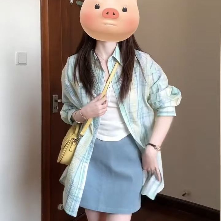 夏季外套韓系寬鬆防曬長袖格子襯衫慵懶設計感上衣薄荷曼波風穿搭