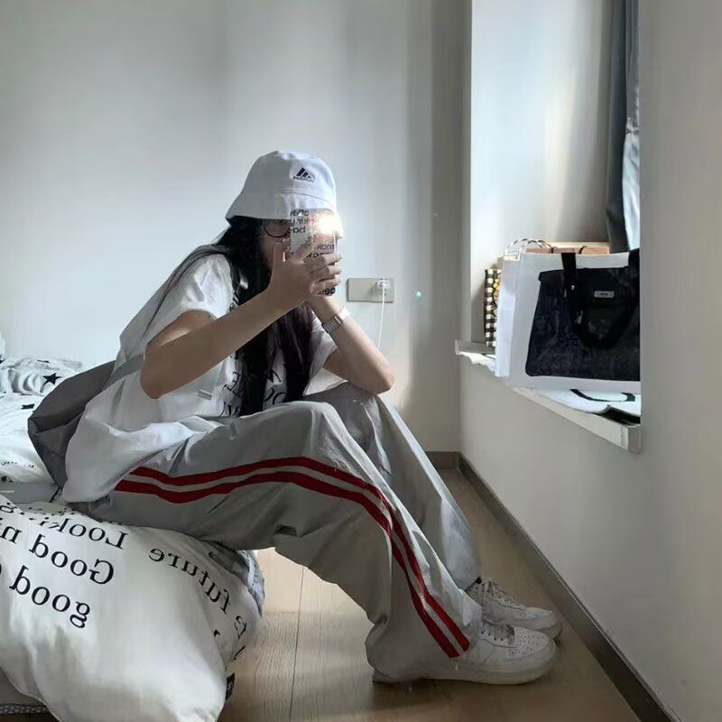 美式復古高腰直筒顯瘦運動褲女夏季小個子休閒寬鬆薄款條紋闊腿褲