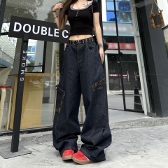 實拍美式復古豹紋拼接丹寧藍彎刀牛仔褲2025年春夏女闊腿拖地褲